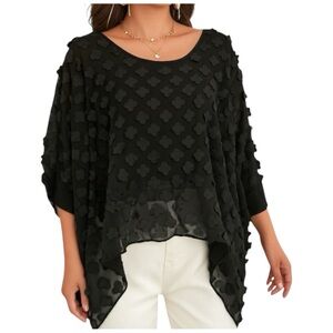 Cartise Black Sheer 3D Flower Textured Peaked Hemline Blouse Size 12